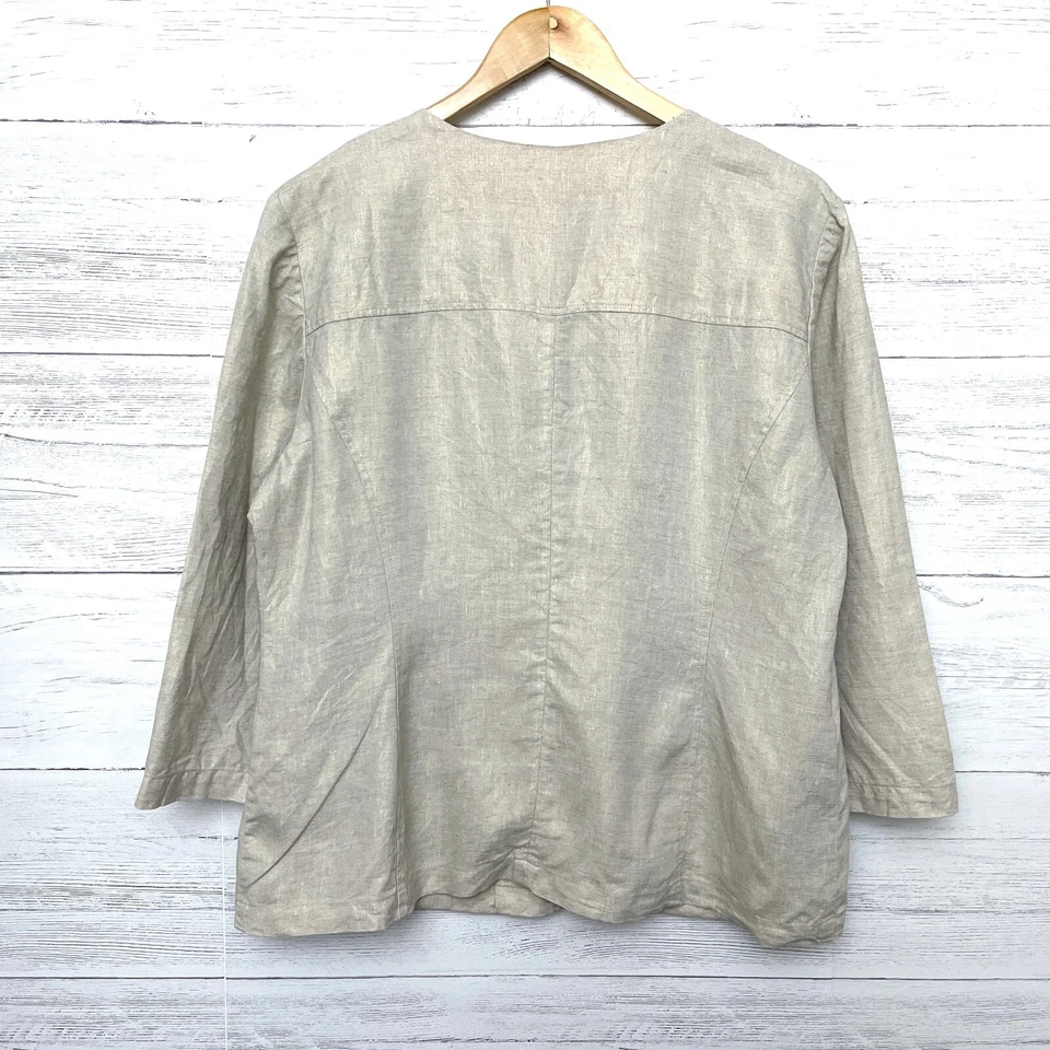 Chico's Women's Tan Linen Jacket Zipper Front Lightweight 3/4 Sleeves Large - Image 2 of 4