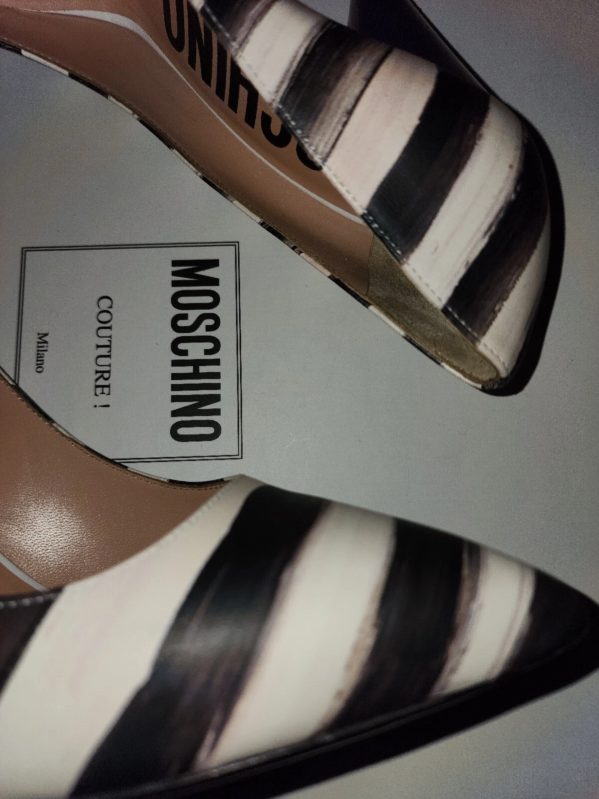 MOSCHINO 39 5 US 7 5 scarpe couture in pelle nera décolleté tacchi a righe strega trucco