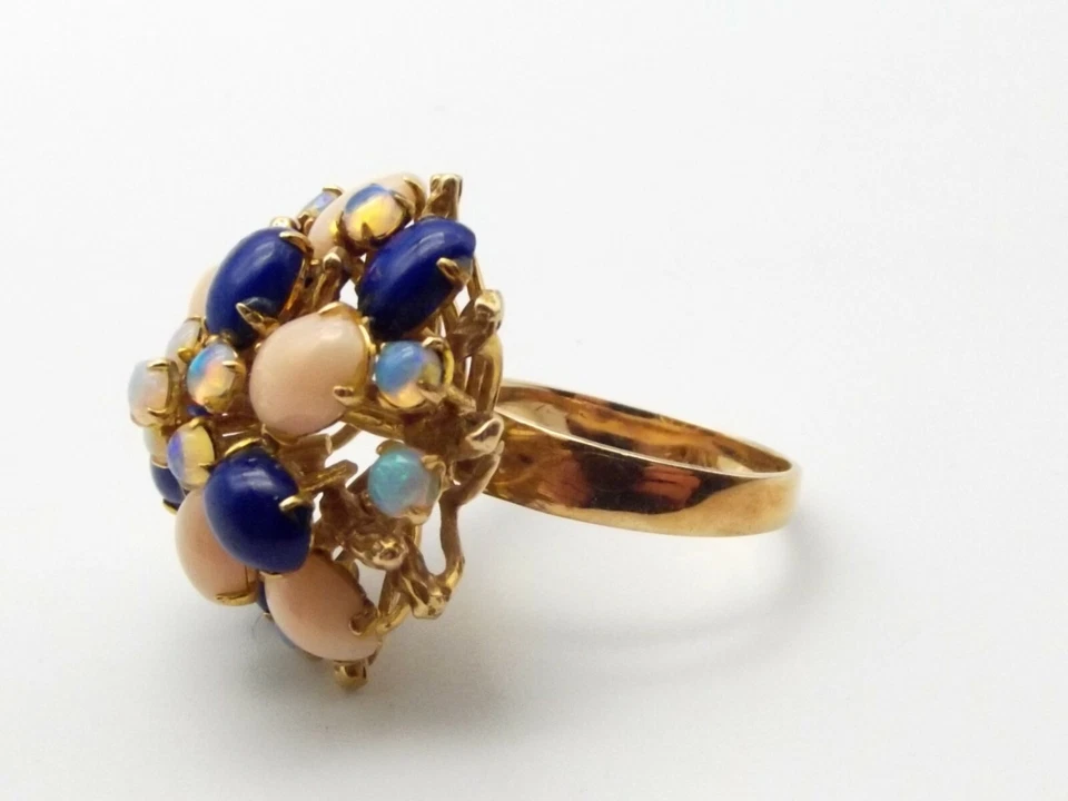 Anillo racimo harén oro 14K de colección talla 8 ópalo azul lapislázuli rosa coral Sputnik Foto 3 de 4