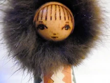 Old Inuit Yupik Eskimo Doll Handmade Burnt Wood Face Real Leather & Fur