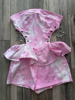 New With Ta SHEIN X Ji Yeon Lee Tie Dye Cr isscross Chain Detail Peplum Jumpsuit