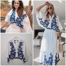 Zara Contrast Embroidered Blouse White Blue Size M