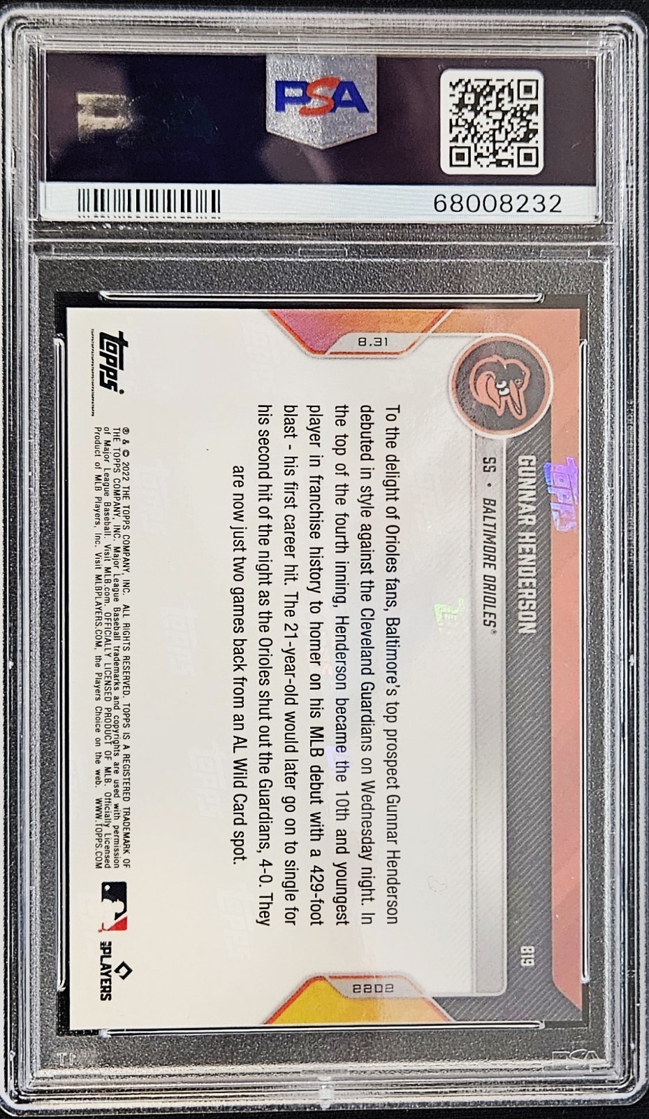 2022 Topps Now #819 Gunnar Henderson Call-Up - PSA 10 view 2