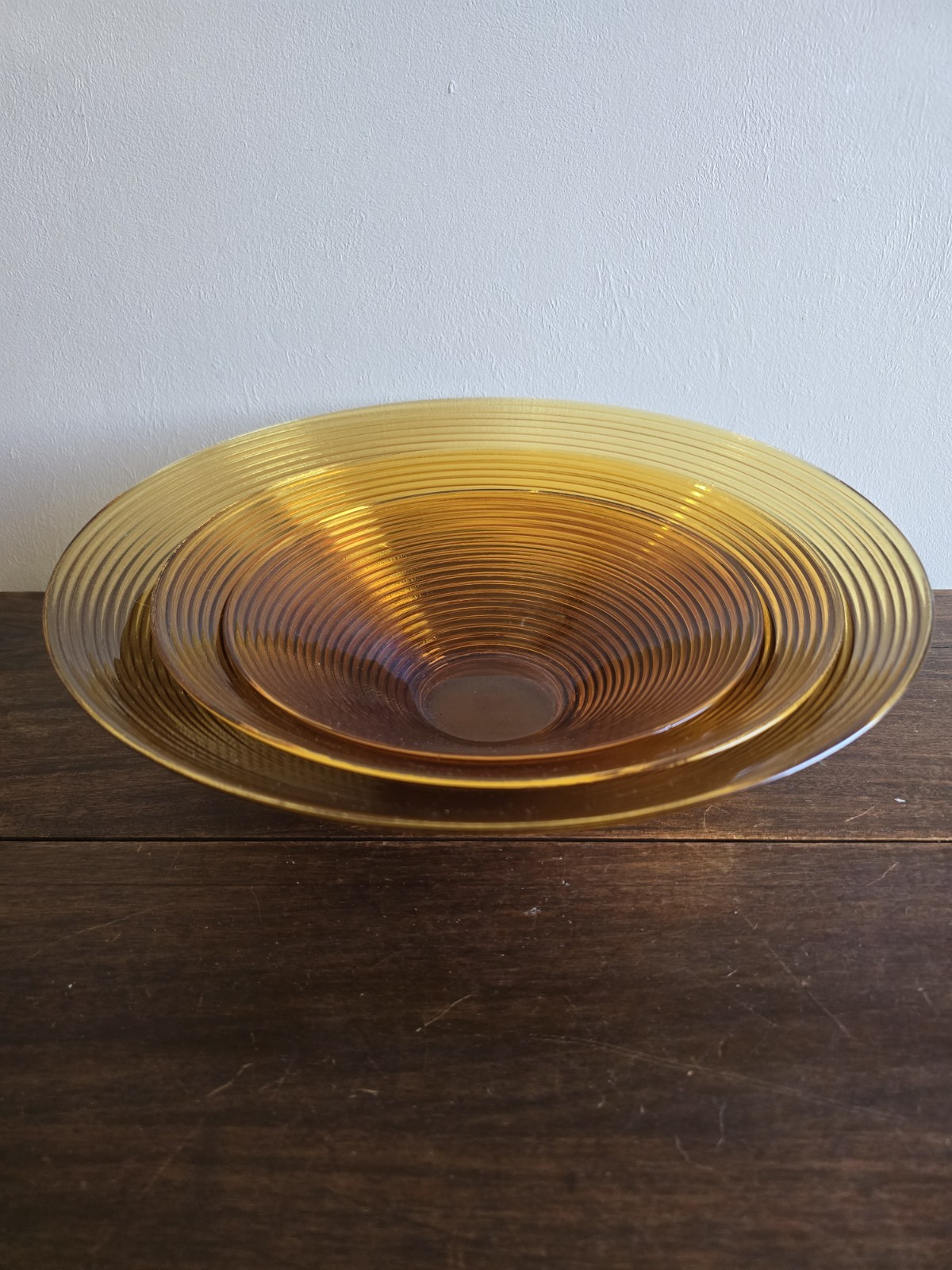 Set Of 3 VTG HTF Imperial Glass Nesting Reeded Spun Amber/Gold Serving Bowls