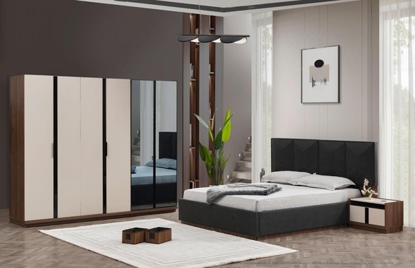 Garnitur Schlafzimmer Doppelbett Bett Nachttische Schrank Grau 4Tlg-image