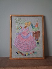 Vintage Framed Needlecraft Tapestry of the Crinolin Lady Picture Gold Frame 