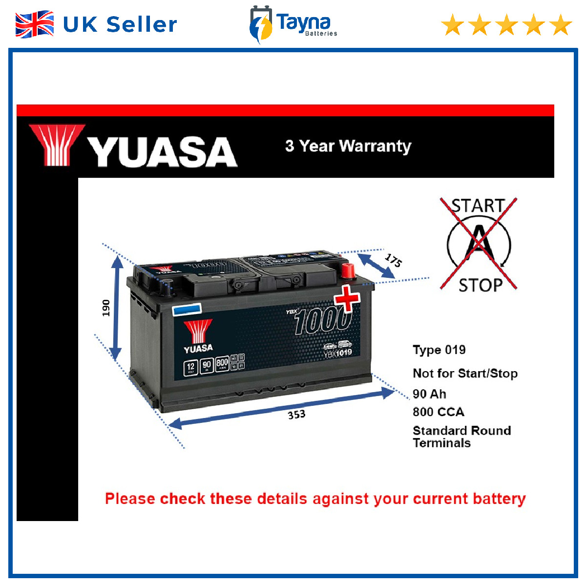 Battery fits FORD TRANSIT GALAXY ZODIAC Yuasa 019 800A 90Ah 1398488080