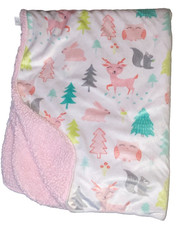 N1 WOW CLOUD ISLAND Woodland Animals PINK Plush Velour Sherpa Baby Crib Blanket