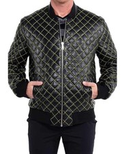 Men's  Black Leather Bomber Jacket Quilted- Moto Motorcycle Biker Neon Thread