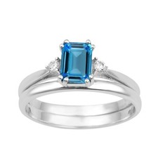 Emerald Cut Swiss Blue Topaz 925 Sterling Silver Three Stone Dual Band Ring