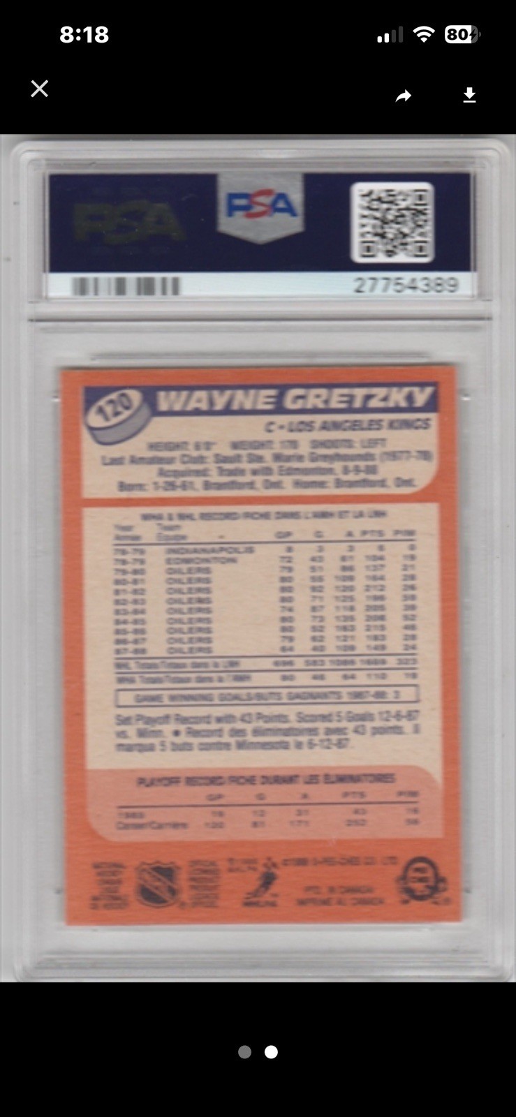 1988 O-Pee-Chee #120 Wayne Gretzky L.A. Kings HOF Hockey Card PSA 10 GEM MINT view 2