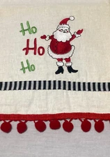 Embroidered Santa Claus Christmas Kitchen Napkin Tea Towel Red Pom Pom Fringe