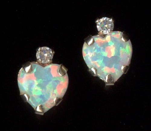 10K Fine Solid Yellow Gold 6mm Heart White Fire Lab-Created Opal Earrings wI
