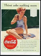 1940 Coke beautiful woman swimsuit beach art Coca Cola vintage print ad