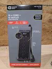 Commercial Electric Surge Protector 12 Outlet 15 ft Cord USB-A USB-C Black