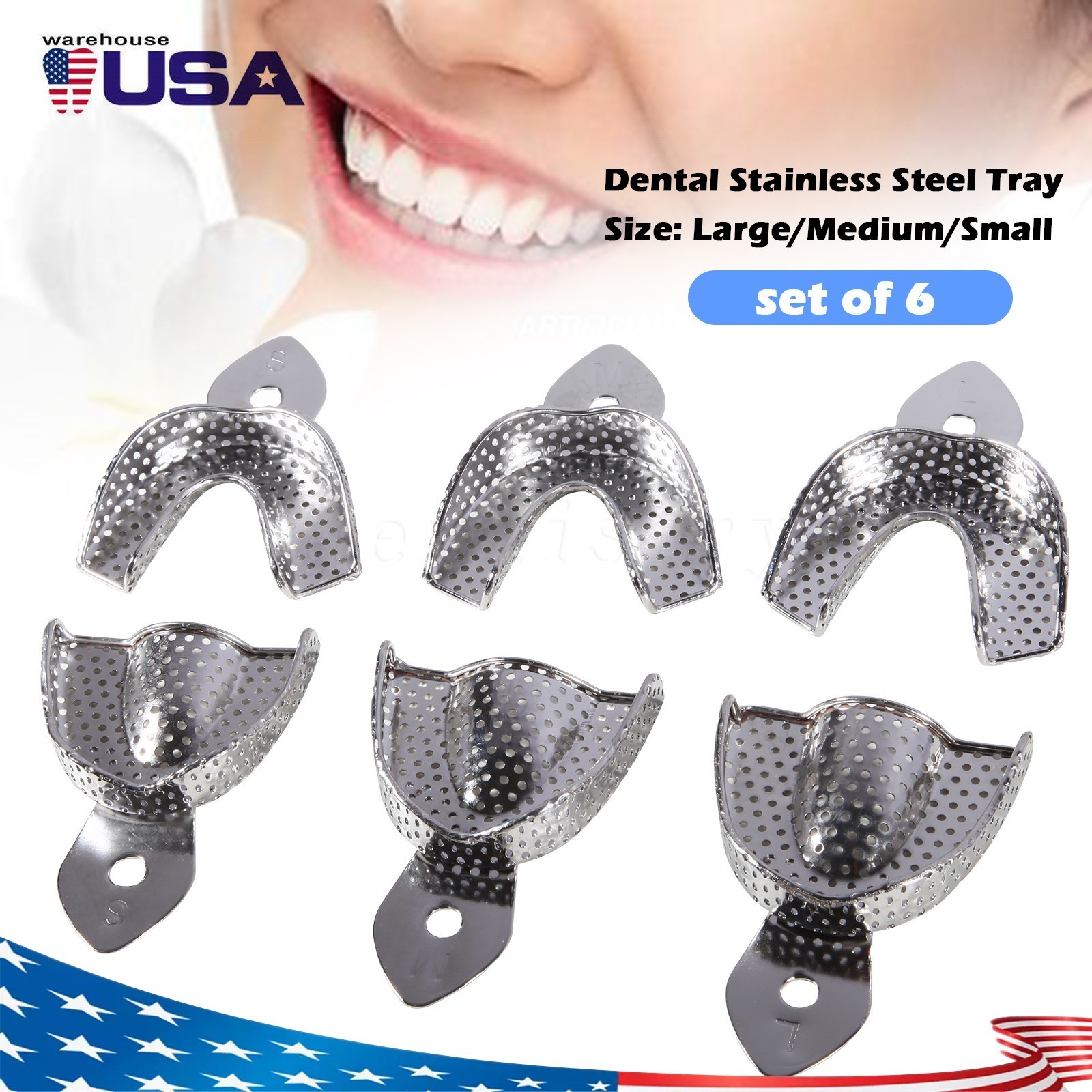 6 Pcs Perforated Metal Cubetas de impresión dental Instrumentos para edéntulos
