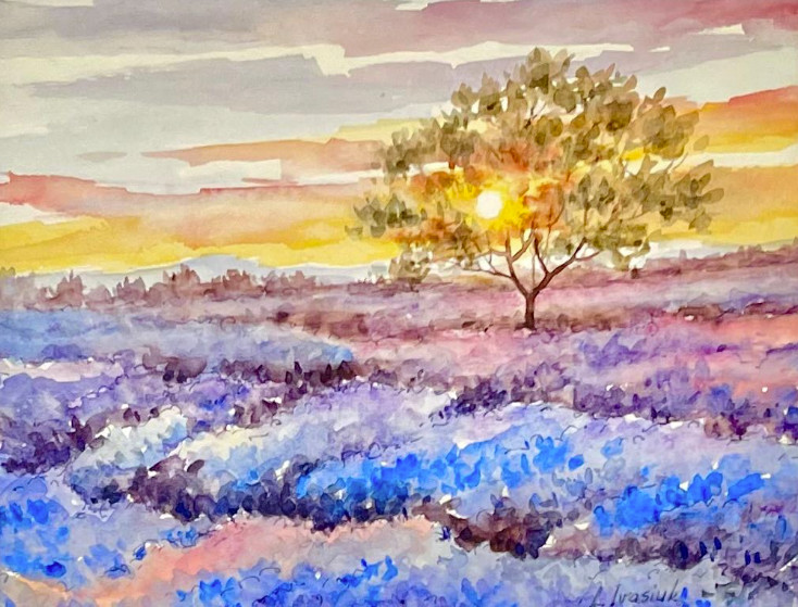 PAINTING WATERCOLOR ART ORIGINAL SUNSET TREE LAVENDER BLUE PURPLE 8X10 MAT 16X20