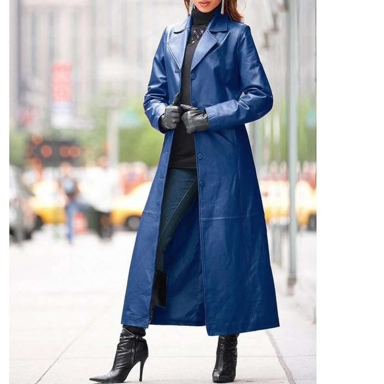 Women's Long Blue Leather Trench Coat Premium Lambskin Fashionable Slim Fit Coat