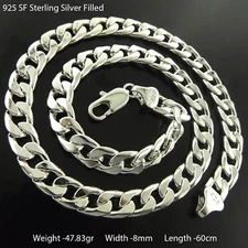 Necklace Real 925 Sterling Silver Filled Solid Men's Cuban Link 8mm Chain 60cm