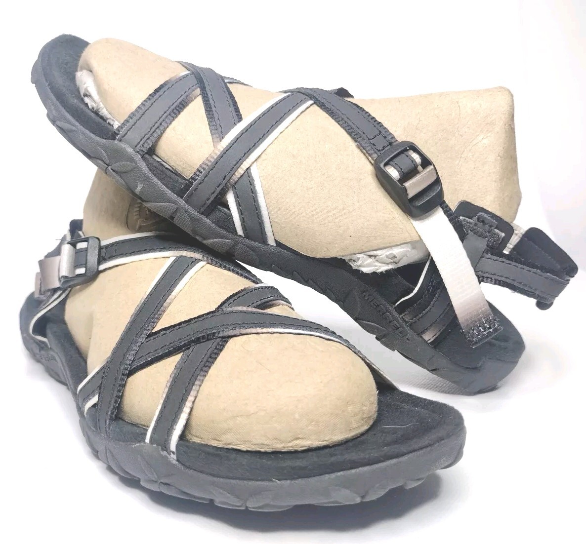 Sandali Merrell Terran Lattice da donna neri con cinturino in terra e logo da trekking taglia 9 US