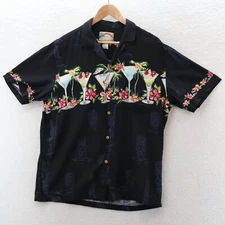 Vintage Paradise Found Shirt Mens Large Black Hawaiian Martinis Tiki Totem Rayon