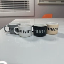 HARVEY WEST Black White Gray Stackable Espresso Mugs & Silver Holder 4 Cup