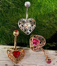 1pc Vintage Filigree Heart w/Crystal Belly Button Ring Pierced Navel Naval