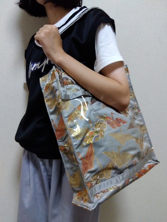 Eco-friendly upcycled kimono sash tote bag with paper crane design - free shipping-image