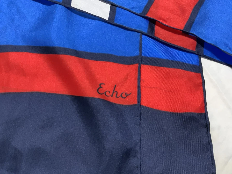 Bufanda para mujer ECHO M.I.Japan azul a rayas rectangular seda 15"/64" Ex Con Foto 2 de 3