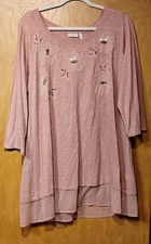 LOGO Lori Goldstein Shirt Womens XL Pink 3/4 Sleeve Beaded Applique Hem NWT