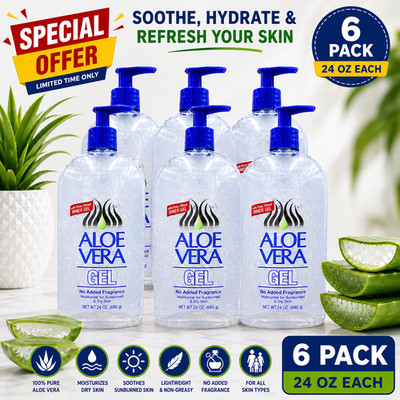 Aloe Vera Gel 24 oz Pump Bottle No Fragrance Skin Moisturizer 6 Pack 680g Each