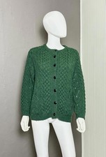 Vintage 1970  s Forest Green Cable Knit Fishermans Cardigan Handknit Sweater M/L