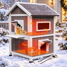 2-Layer Outdoor Cat House with Heated Pad - Weatherproof Grey - Weatherproof
