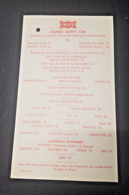 Vintage 1960s L-BC4-10-67 Frisco Railroad Menu Lounge Buffet Car One Page 5096