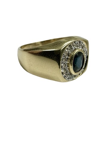 Estate 14k Yellow Gold 1.16 ctw Oval Blue Sapphire & Diamond Gents Mens Ring - Picture 4 of 6