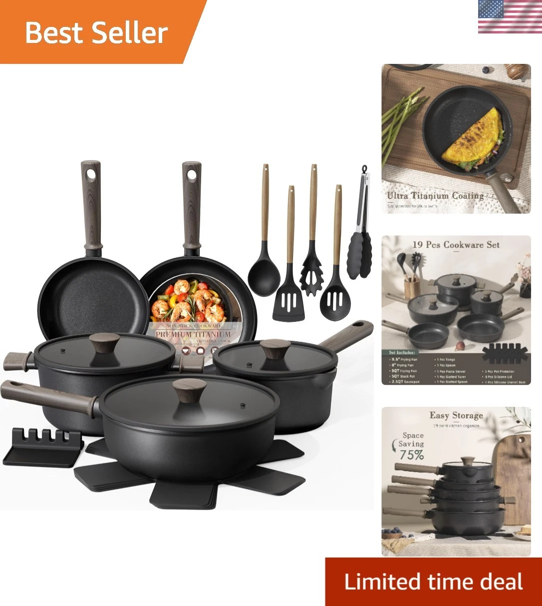 Non Stick Pots and Pans Set, Healthy Non-Toxic Titanium Induction Kitchen Coo...