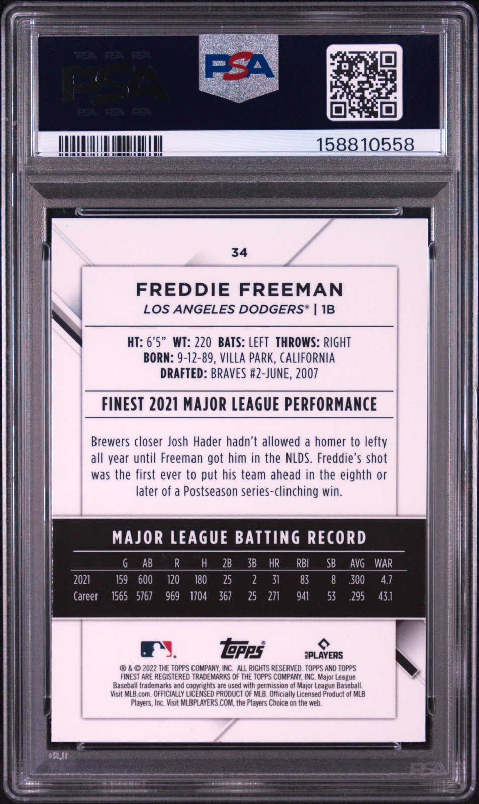 158810558 Freddie Freeman 2022 Topps Finest #34 PSA 10 view 2