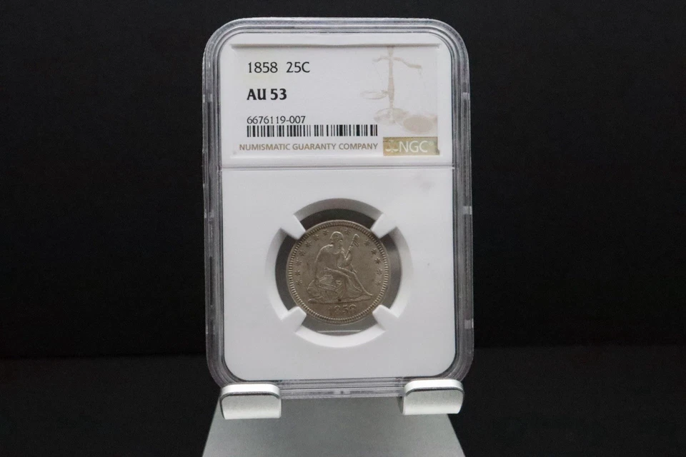 Cuarto de plata libertad sentada 1858 25C NGC AU 53 Foto 3 de 4