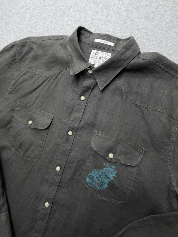Lucky Brand Shirt Mens Large Gray Classic Fit 100% Linen Western Snap Rooster - Image 3 of 4