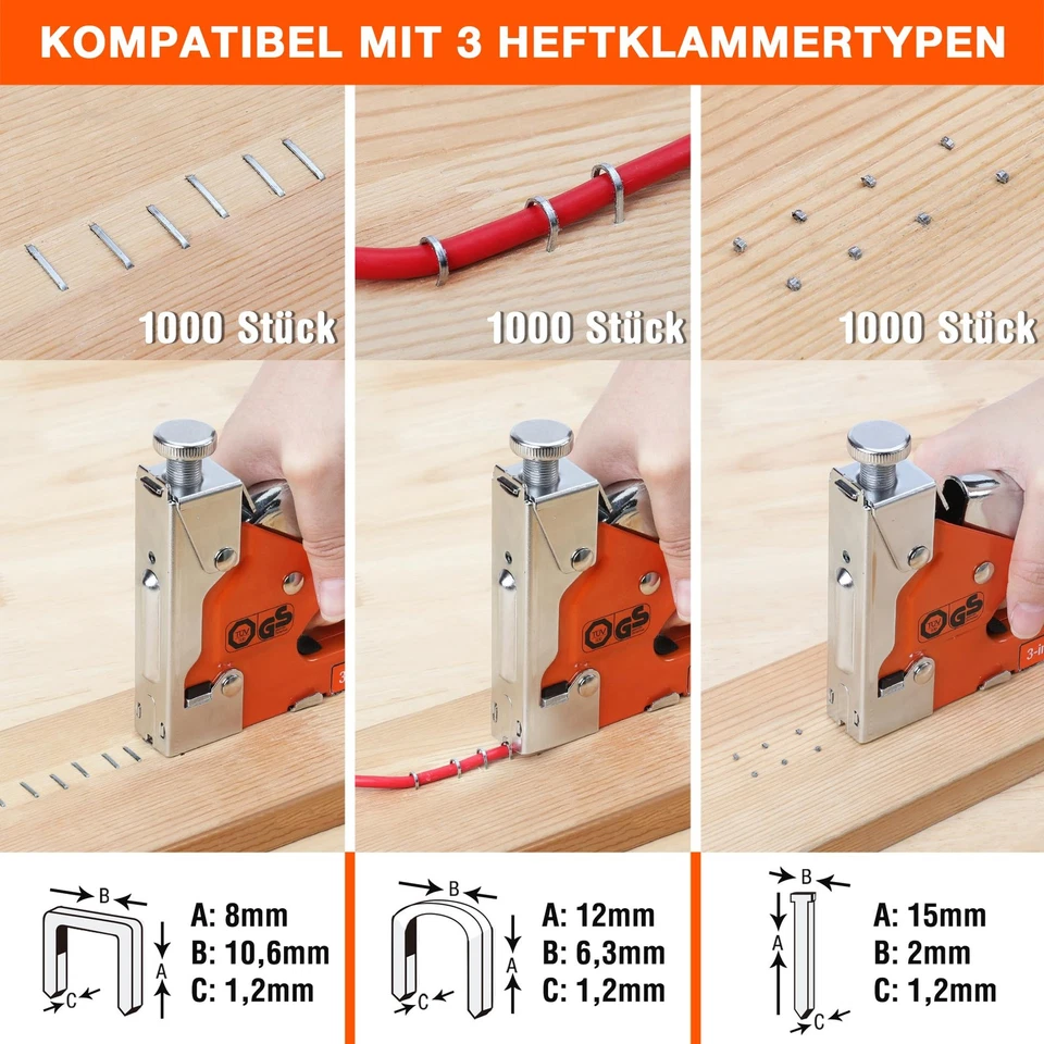 3-in-1 Handtacker Set mit 3000 Klammern -TÜV GS geprüft- Profi Tacker für Hol... - Bild 2 von 4