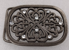 Belt Buckle Womens Gun Metal Gray Rhinestone Heart Shape Scroll Design 2.75 x 2"
