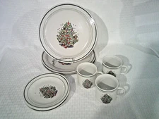 Yuletide 12 Piece Christmas Tree Stoneware Dinnerware Set Cups Plates