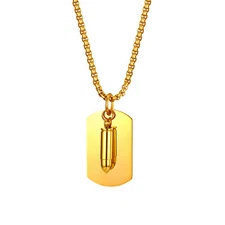 Men Army Military Gold Tone Bullet Dog Tag Pendant Necklace Chain Free Engraving