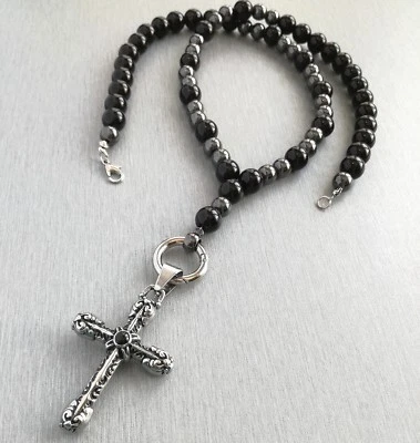 Herren Halskette Onyx Edelstein Ring Edelstahl 316L Anhänger Kreuz biker Rocker - Bild 1 von 4