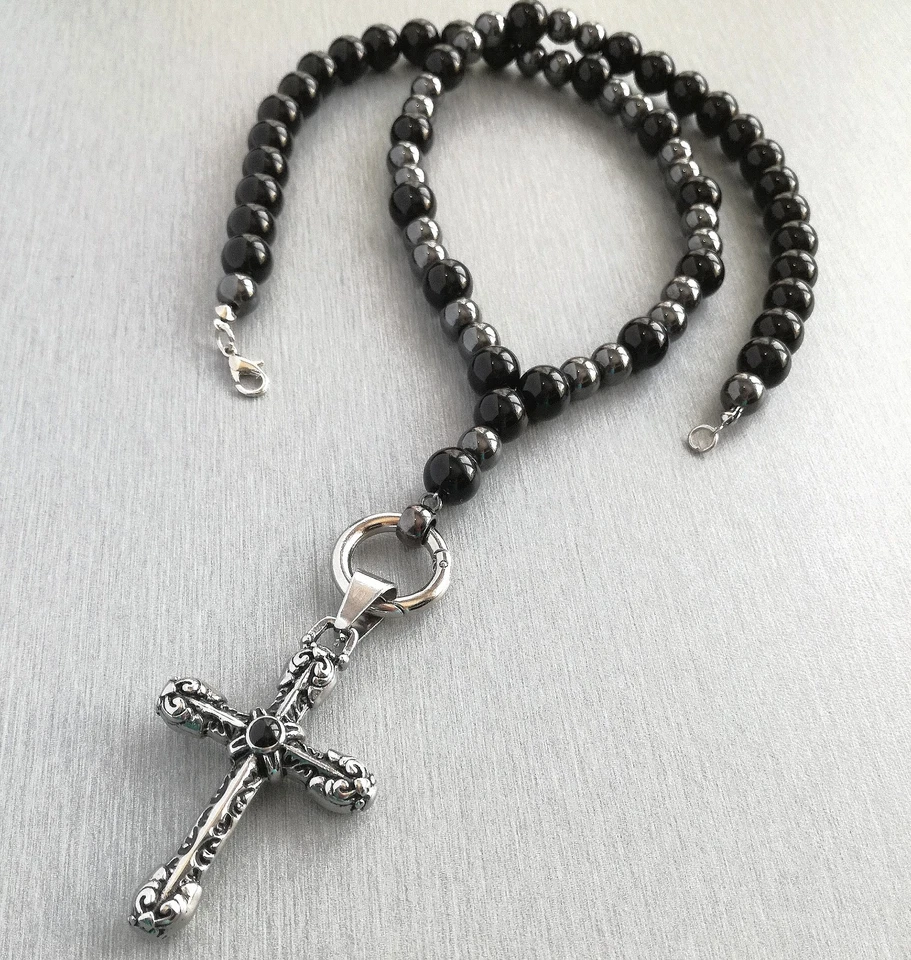 Herren Halskette Onyx Edelstein Ring Edelstahl 316L Anhänger Kreuz biker Rocker - Bild 1 von 4