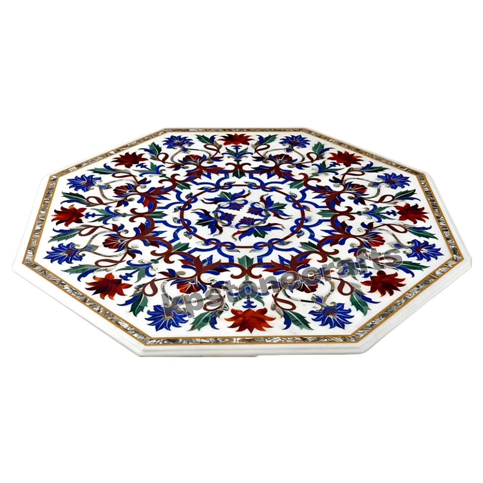 White Marble Octagonal Table Top with Pietra Dura Inlay - Semi Precious Stones, - Image 2 of 4