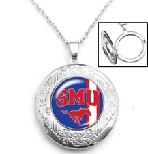 SMU Mustangs Womens Sterling Silver Link Chain Necklace and Locket Jewelry D16