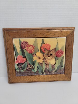 VTG Charles Wysocki Framed Tile Picture Georginas Country Creations Floral Cat