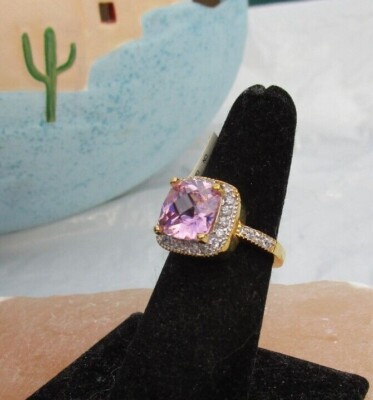 NEW Gold-plated princess-cut pink white CZ ring size 7