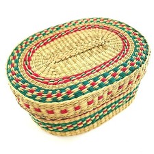 Image of Vintage Boho Style Storage Handwoven Basket with Lid Rattan Pink & Green Oval